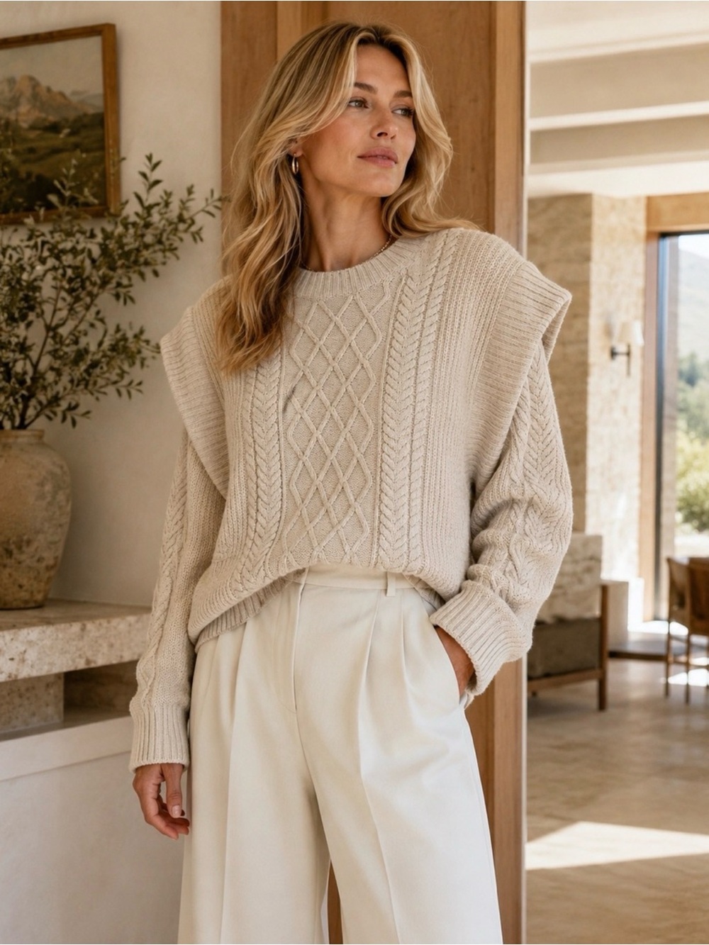 NWT Aritzia Babaton Seek Cable Knit 100% Wool in Oatmeal/Ivory Beige